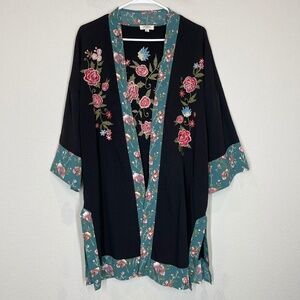 Umgee Open Kimono Cardigan Women's M Floral Embroidered Black Boho Lightweight